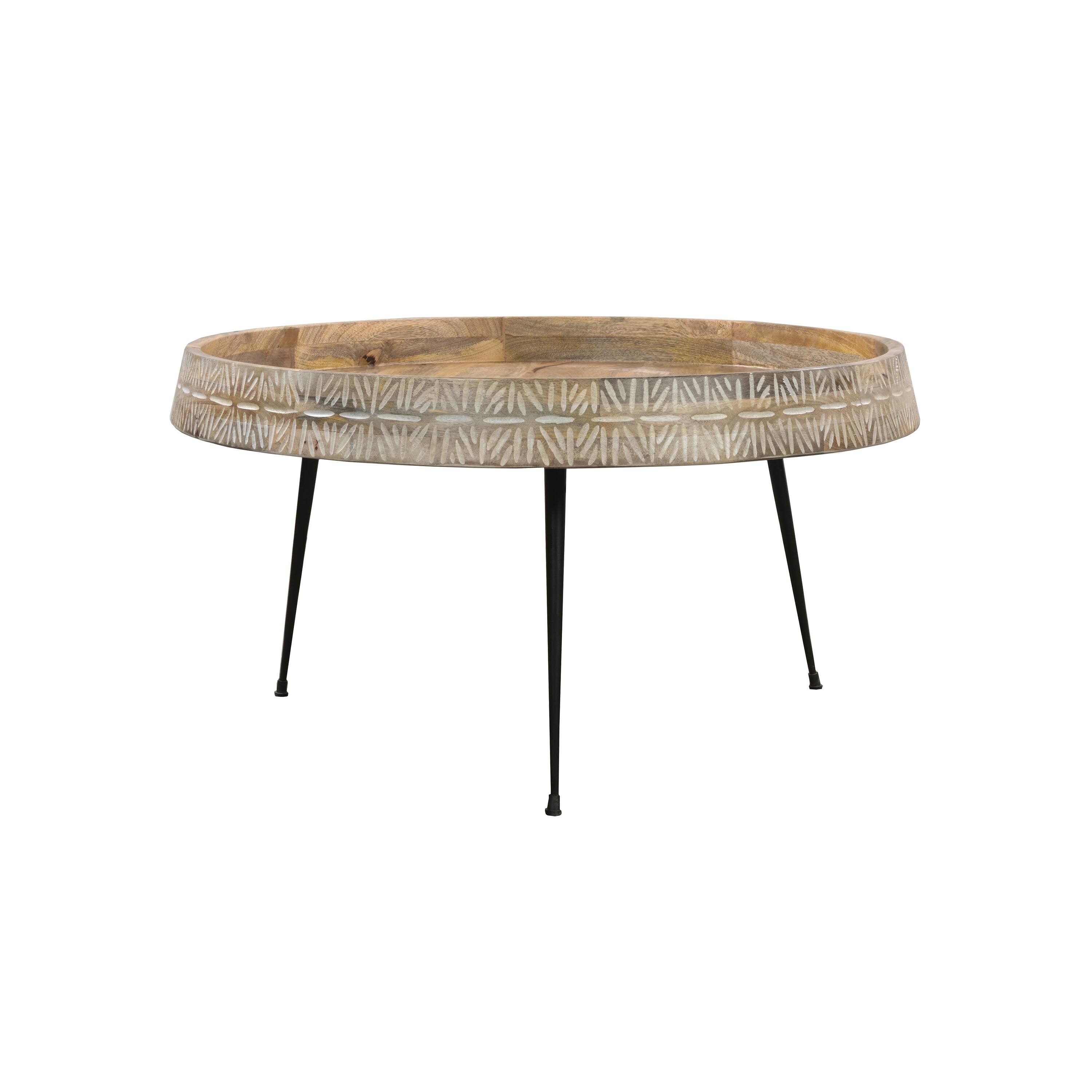 Alt View 1. Manhattan Lane - Gia 29 Inch Modern Handcrafted Round Coffee Table, Natural Brown Wood Top with Carved Edge, Black Iron Legs - Brown, Black, White.