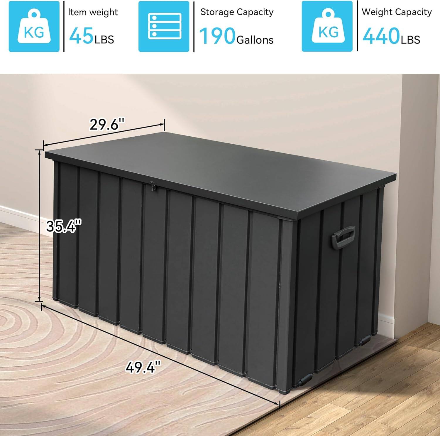 - Item weight: 45 LBS
- Storage Capacity: 190 Gallons
- Weight Capacity: 440 LBS
- Dimensions: 29.6" x 35.4" x 49.4"