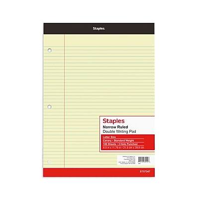 Staples  
Narrow Ruled Double Writing Pad  
Letter Size  
Canary  
Standard Weight  
100 Sheets  
3 Mode Punched  
ST57347