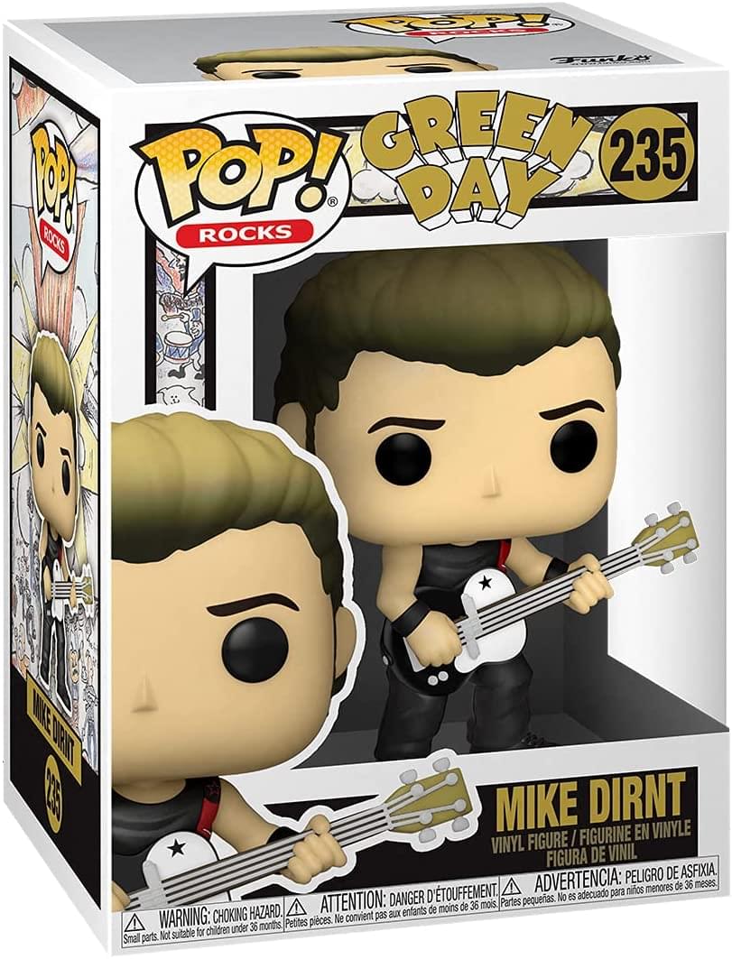 **Front:**
- POP! ROCKS
- GREEN DAY
- 235
- MIKE DIRNT
- VINYL FIGURE / FIGURINE EN VINYLE / FIGURA DE VINIL
- WARNING: CHOKING HAZARD. Small parts. Not suitable for children under 36 months.
- ATTENTION: DANGER D'ÉTOUFFEMENT. Petites pièces. Ne convient pas aux enfants de moins de 36 mois.
- ADVERTENCIA: PEQUEÑAS PIEZAS. NO ES ADECUADO PARA NIÑOS MENORES DE 36 MESES.

**Side:**
- POP! ROCKS
- MIKE DIRNT
- 235

**Back:**
- POP! ROCKS
- MIKE DIRNT
- 235
- WARNING: CHOKING HAZARD. Small parts. Not suitable for children under 36 months.
- ATTENTION: DANGER D'ÉTOUFFEMENT. Petites pièces. Ne convient pas aux enfants de moins de 36 mois.
- ADVERTENCIA: PEQUEÑAS PIEZAS. NO ES ADECUADO PARA NIÑ