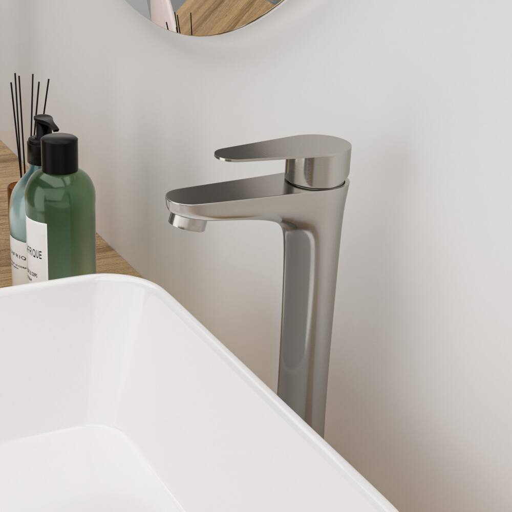 Back. JUJABU - Brushed Nickel Single Handle Tall Bathroom Sink Faucet - Brushed Nickel.