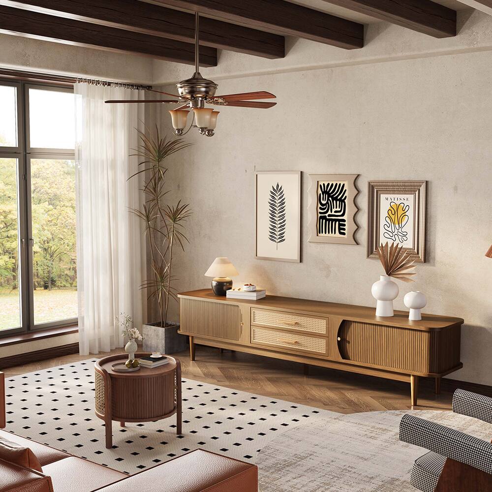 Left. POVISON - 78.74" Mid-Century Woven Rattan TV Stand, Fluted TV Stand, Walnut Color TV Console with Storage,Perfect for 75-in TVs - Walnut Color.