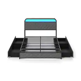 LUCKY ONE - Full Assembled Platform Bed Frame with LED Lights Charging Station Storage Headboard - Black-Full