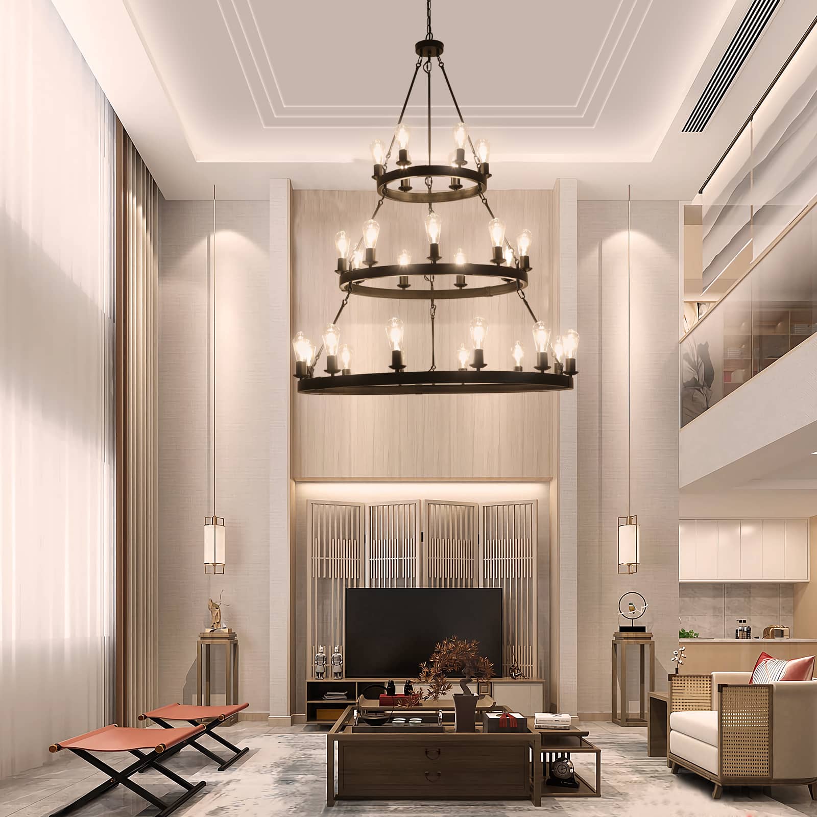 TinyHomie - 45 Retro Industrial Style 3 Layer Pendant Light 27 Lights Black Farmhouse Pendant Suitable