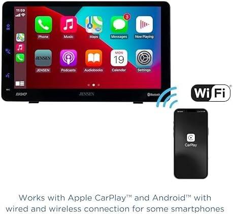 11:59  
3  
Dr A  
Phone Music Maps Messages Now Playing  
JENSEN  
JENSEN  
MON 19  
Podcasts Audiobooks Calendar Settings  
JOASHCP  
JENSEN  
Bustoet  
Wi-Fi  
CarPlay  
Works with Apple CarPlay™ and Android™ with wired and wireless connection for some smartphones
