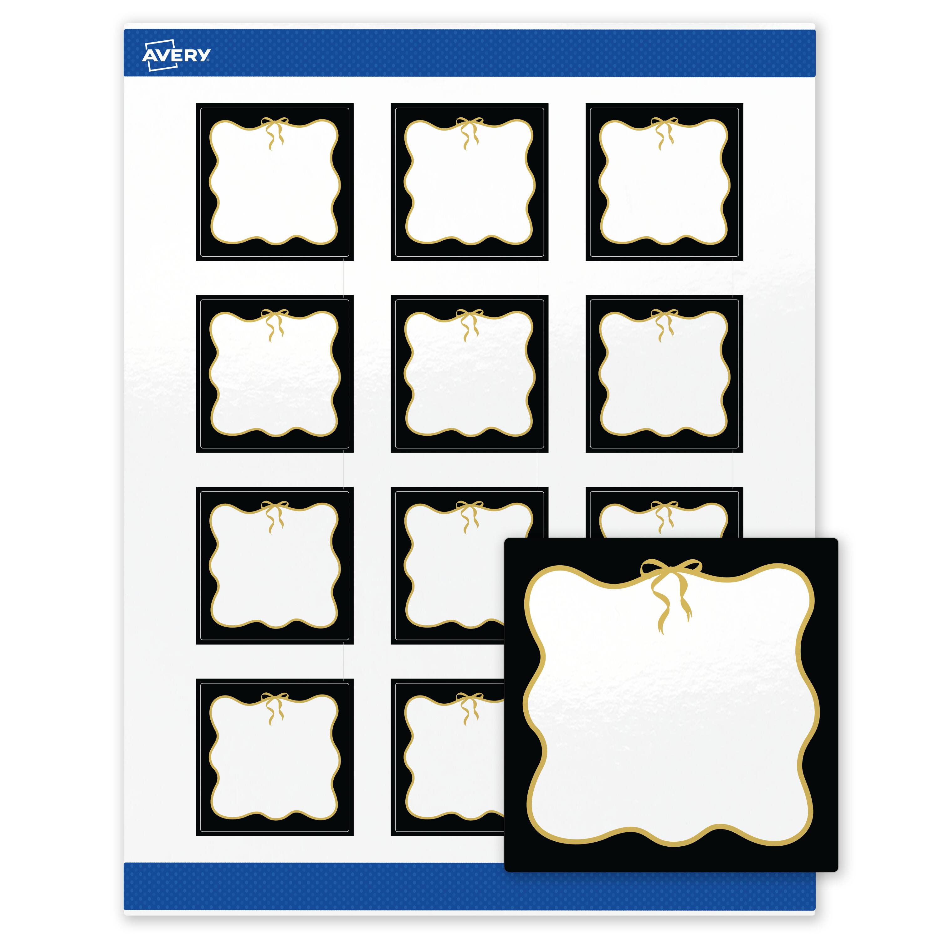 Front. Avery - Avery Labels, 2" x 2", Glossy White, Black/Metallic Gold Bow - White.