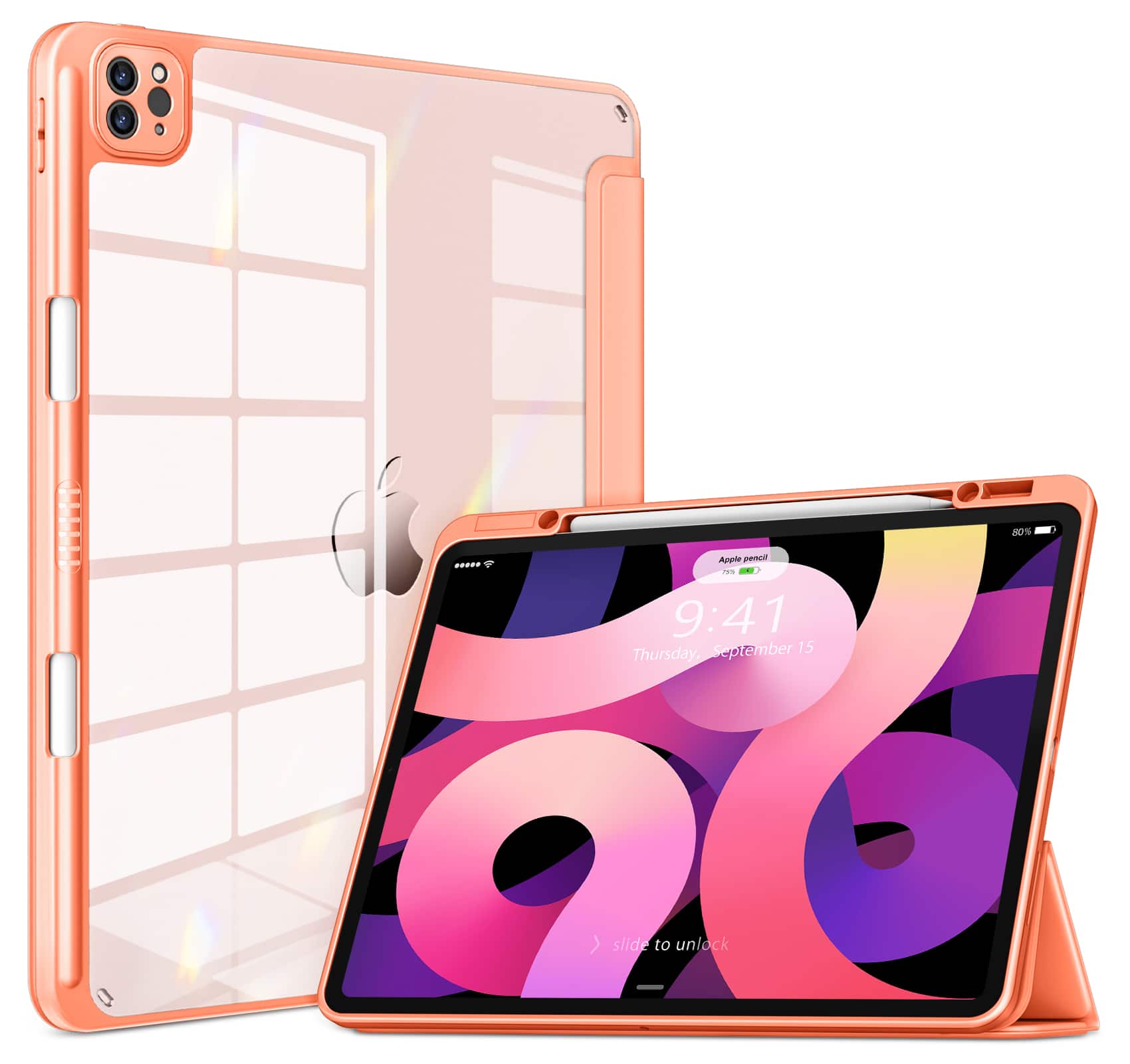 DTTO - Case for iPad Pro 12.9 Inch 6th/5th/4th/3rd Generation , Clear Back Cover with Built-in Pencil Holder, Auto Sleep/Wake - Vitality Orange