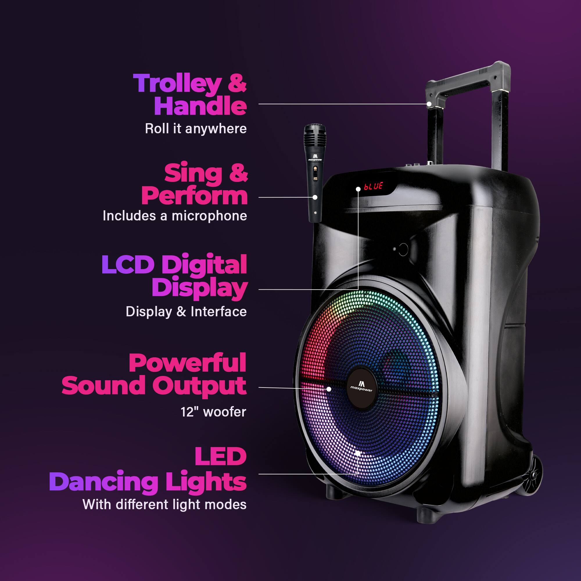 Trolley & Handle  
Roll it anywhere  

Sing & Perform  
Includes a microphone  

LCD Digital Display  
Display & Interface  

Powerful Sound Output  
12" woofer  

LED Dancing Lights  
With different light modes