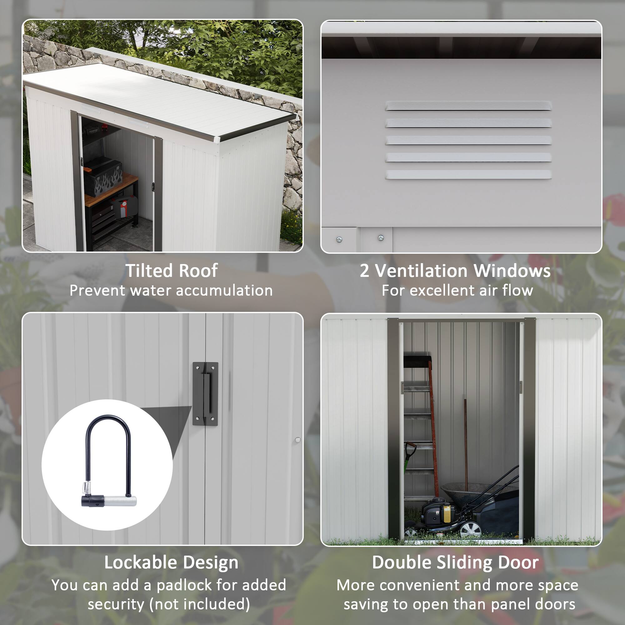 Tilted Roof, 2 Ventilation Windows, Lockable Design, Double Sliding Door