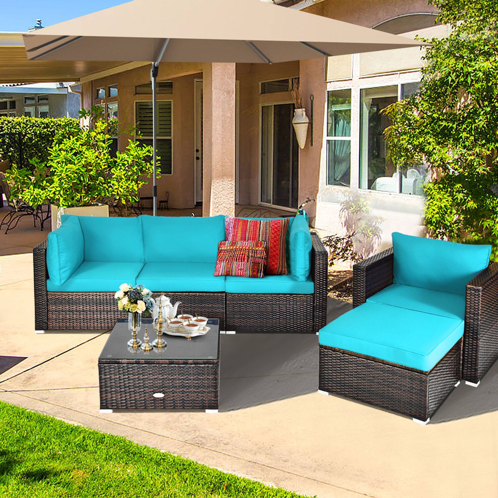Alt View 2. Gymax - Gymax 6PCS Patio Conversation Set Rattan Sectional Furniture Set w/ Turquoise Cushions - Turquoise.