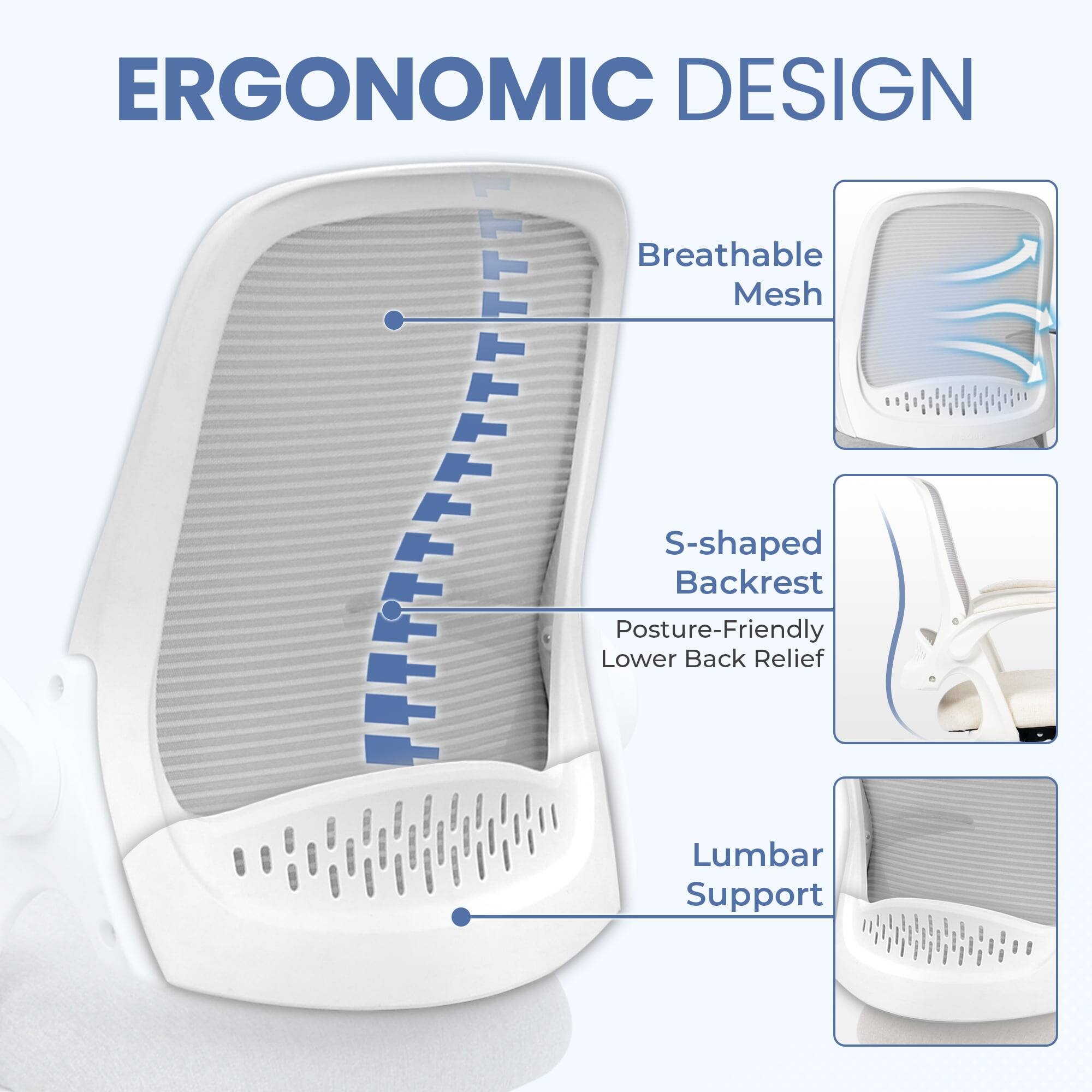 ERGONOMIC DESIGN

- Breathable Mesh
- S-shaped Backrest
- Posture-Friendly Lower Back Relief
- Lumbar Support