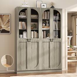 Aheaplus - 80'' Tall Bookcase with Glass Doors, 6-Tier Farmhouse Bookcase with Adjustable Shelves, 2 Piece Set - Wash Gray