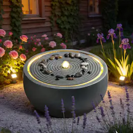Anysun - Outdoor Water Fountain – Modern Round Bowl Ripple Design, Resin Garden Water Feature for Patio, Porch, Yard - Blue Gray
