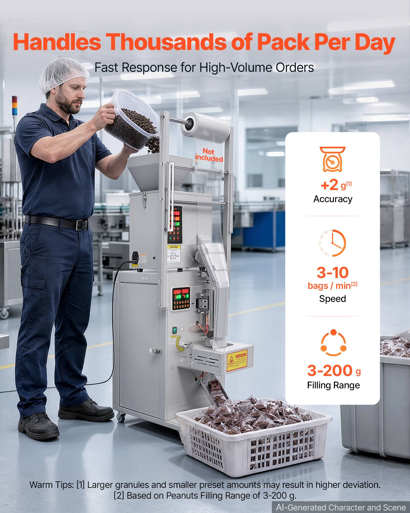 Handles Thousands of Pack Per Day  
Fast Response for High-Volume Orders  

+2 g Accuracy  
3-10 bags/min Speed  
3-200 g Filling Range  

Warm Tips:  
[1] Larger granules and smaller preset amounts may result in higher deviation.  
[2] Based on Peanuts Filling Range of 3-200 g.  

AI-Generated Character and Scene