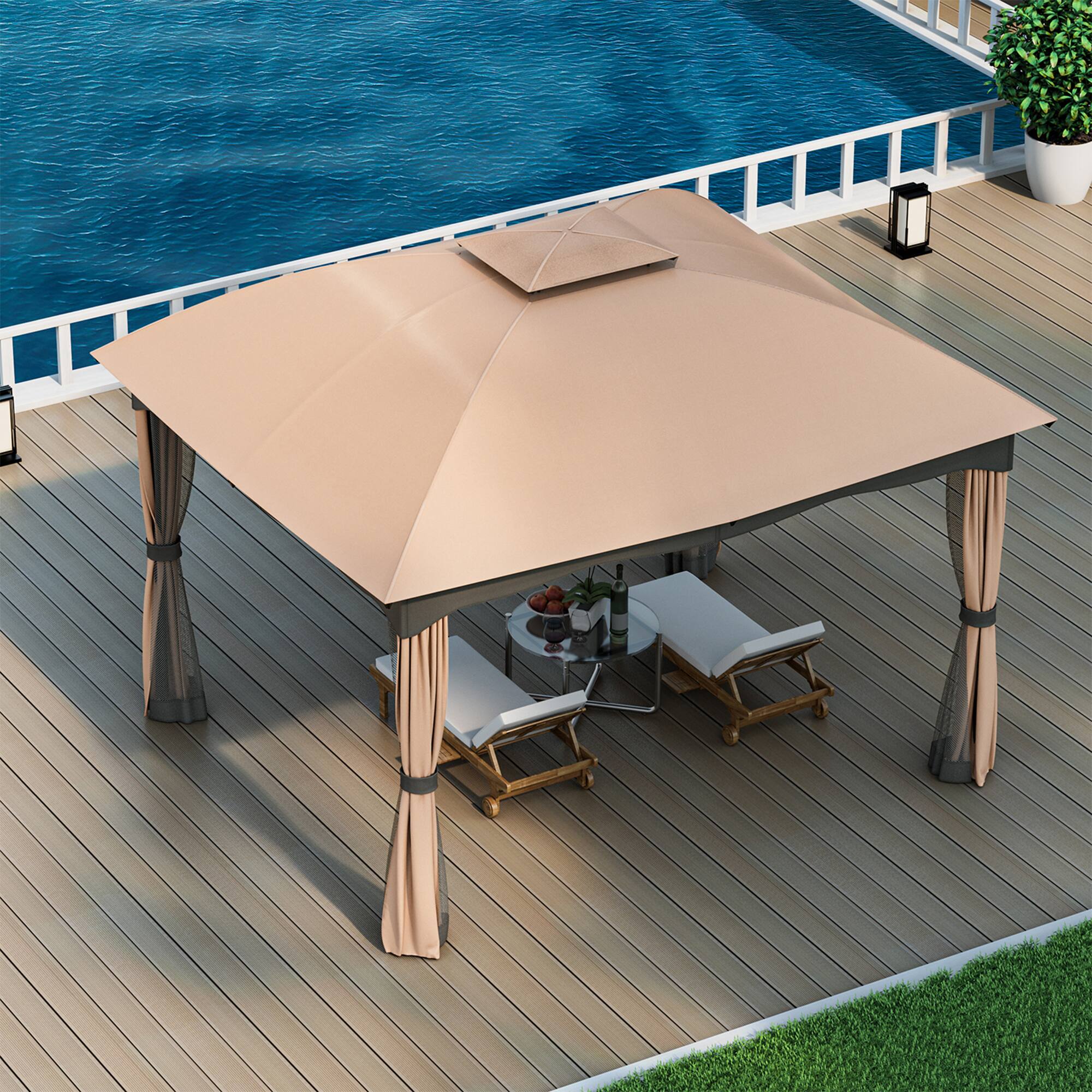 Alt View 8. Gymax - Gymax Patio 12' x 10' Canopy Heavy Duty Steel Gazebo Double Vented Outdoor Brown - Brown.