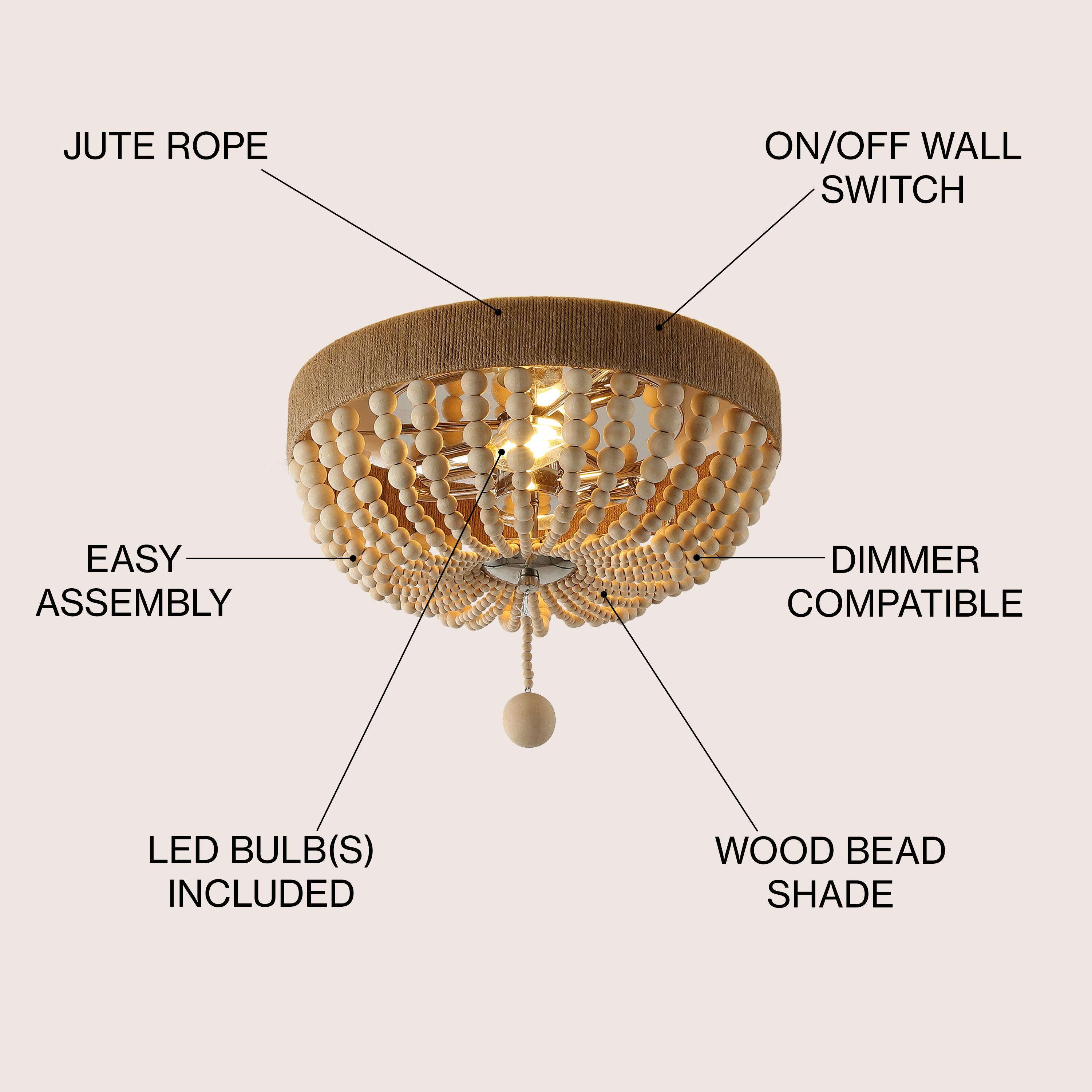 JUTE ROPE ON/OFF WALL SWITCH EASY ASSEMBLY DIMMER COMPATIBLE LED BULB(S) INCLUDED WOOD BEAD SHADE