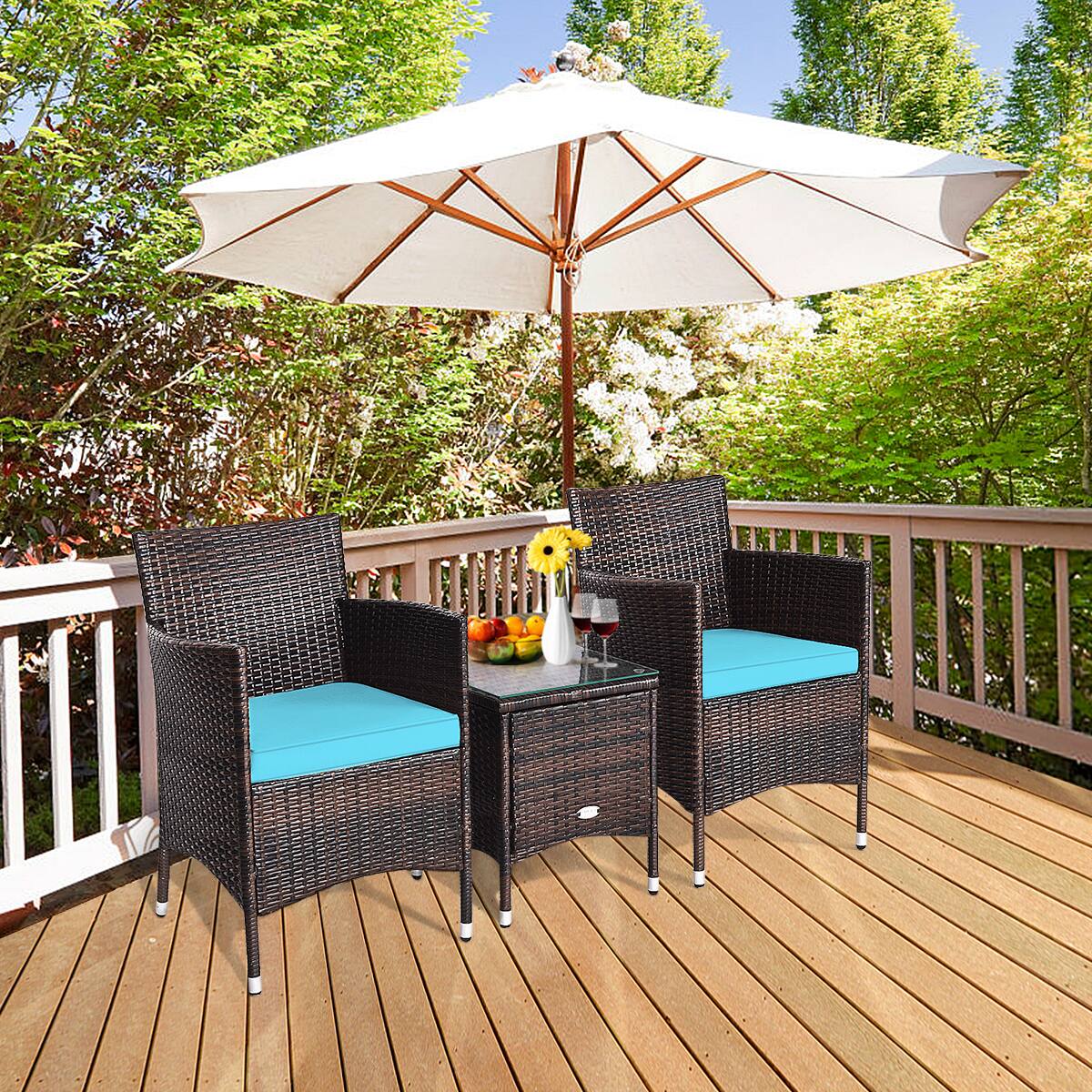 Alt View 1. Gymax - Gymax 3PCS Patio Rattan Chair & Table Furniture Set Outdoor w/ Turquoise Cushion - Turquoise.