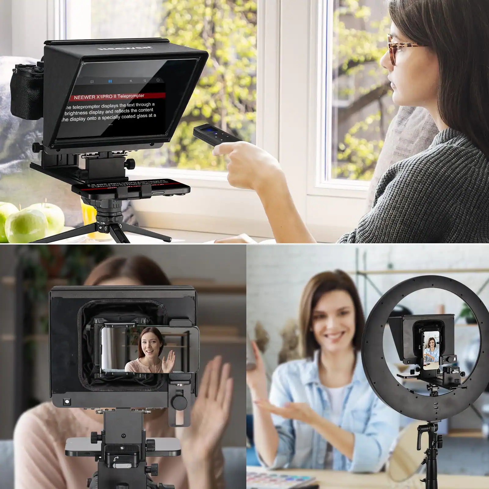 NEWER X1PRO II Teleprompter

A teleprompter displays the text through a brightness display and reflects the content he display onto a specially coated glass at a