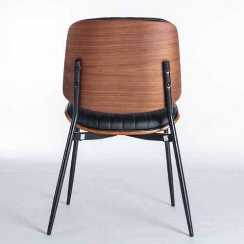 Back. LUCKY ONE - Assembled Mid Century Dining Chair Set of 2 Faux Leather with Walnut Bentwood Back Metal Legs - Black PU.