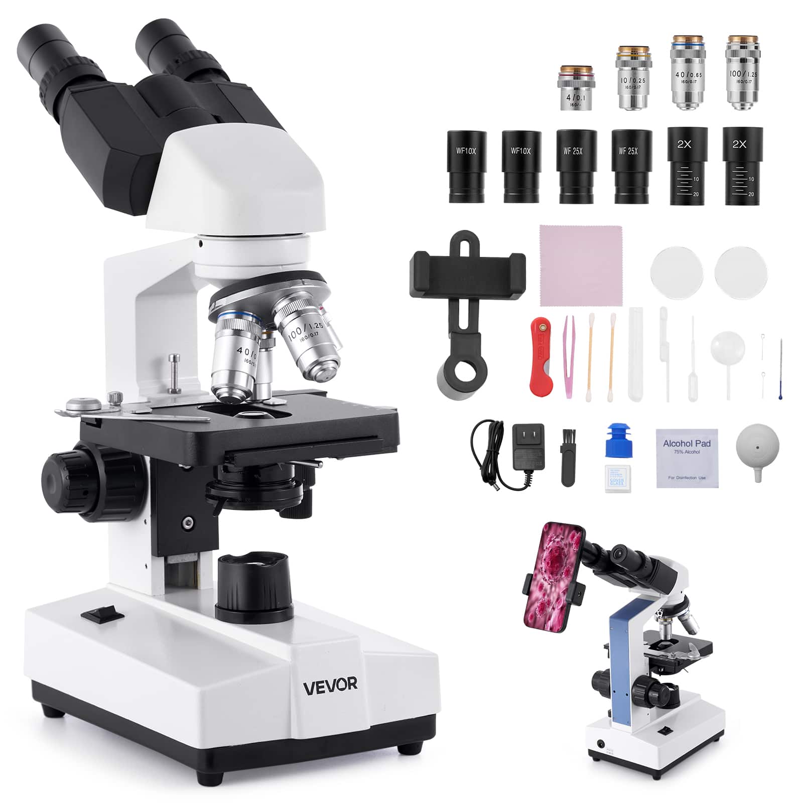 VEVOR - Binocular Microscope, 40-5000X Magnification, Professional Compound Microscope for Adult with Dual Stage - White