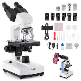 VEVOR - Binocular Microscope, 40-5000X Magnification, Professional Compound Microscope for Adult with Dual Stage - White