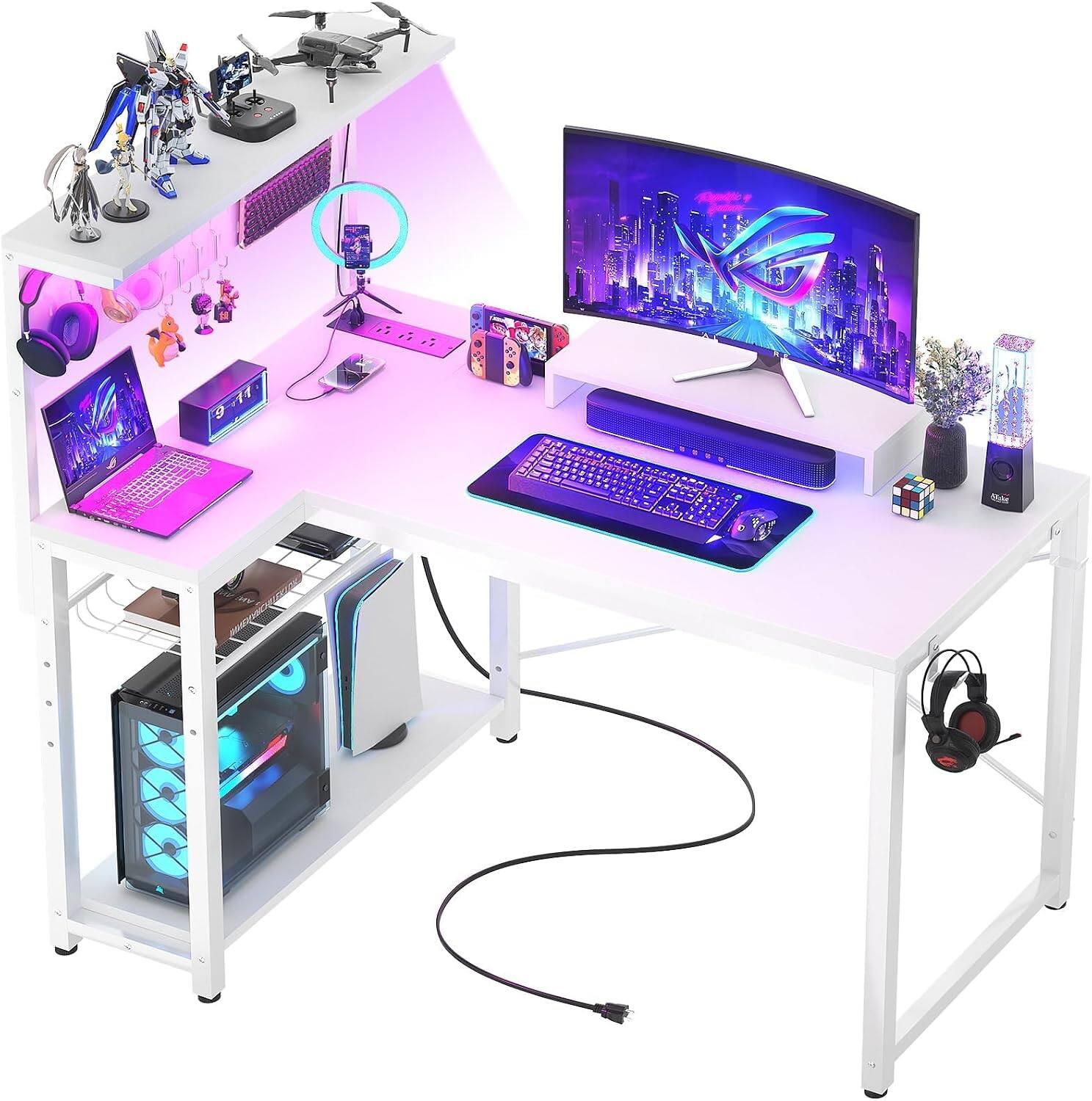 Angle. Aheaplus - 43 Inch Small L-Shaped Gaming Desk with Power Outlets and RGB LED Lights - White.