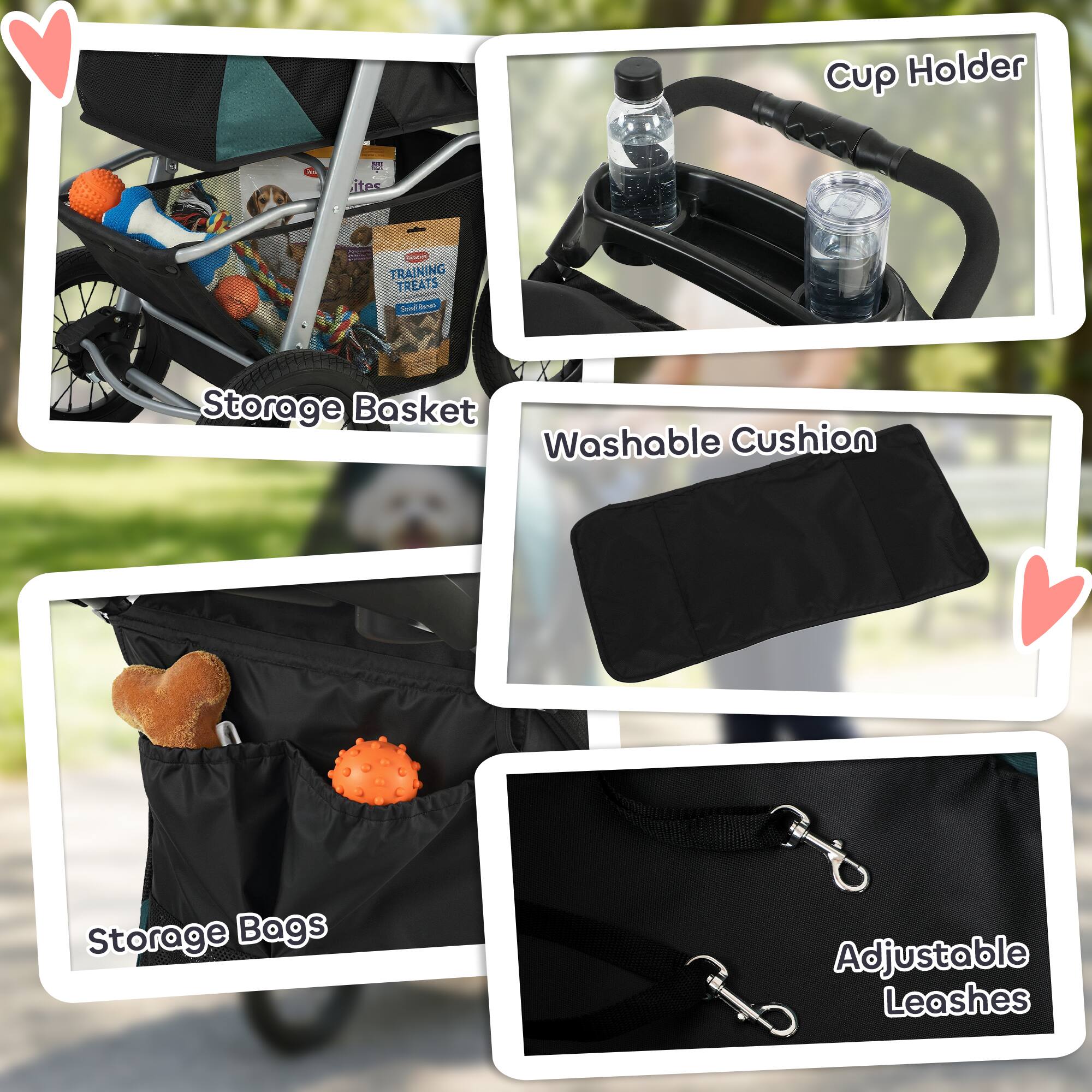 - Cup Holder
- Storage Basket
- Washable Cushion
- Storage Bags
- Adjustable Leashes