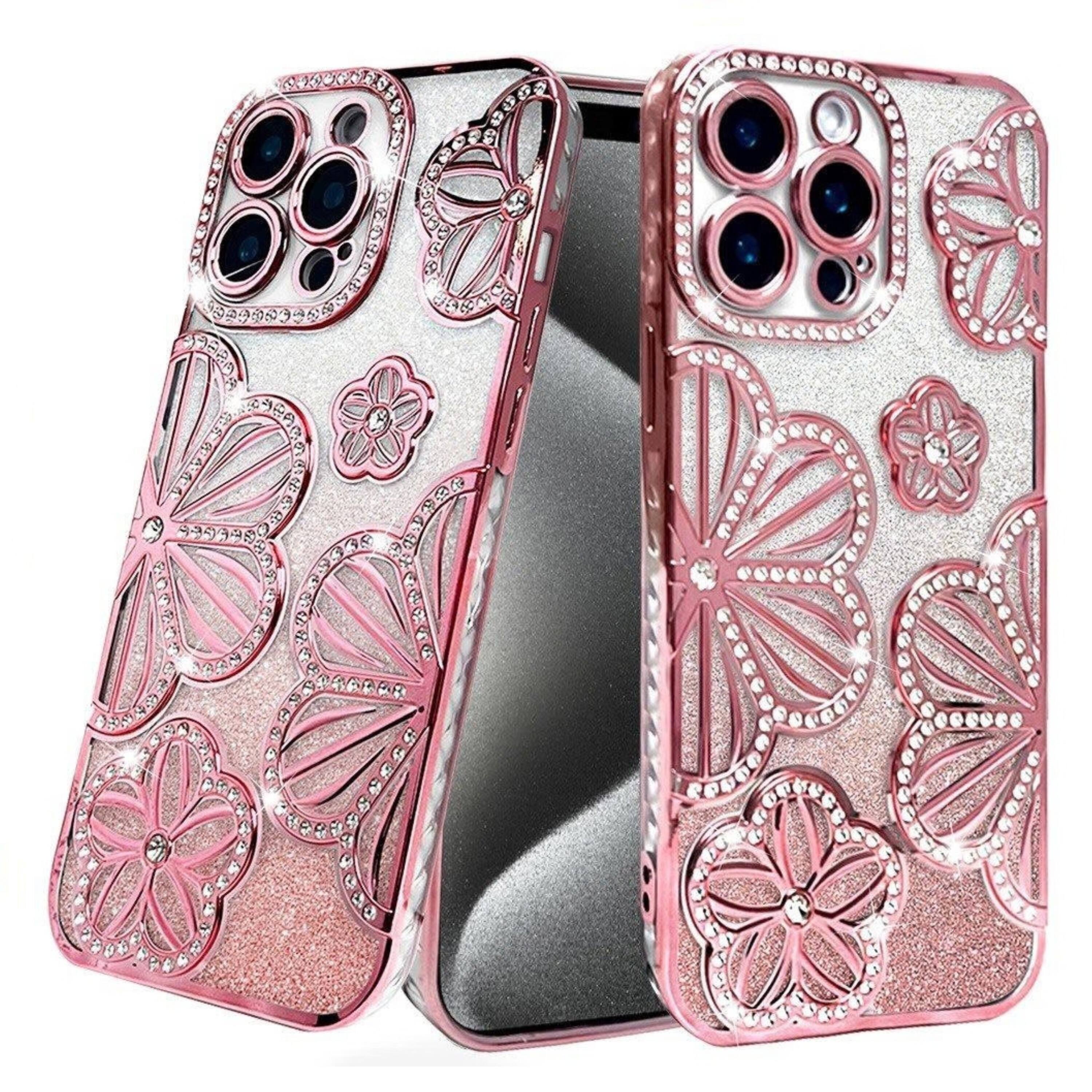 Kitcheniva Floral 3D Rhinestone Glitter Protective Phone Case With 2 ...