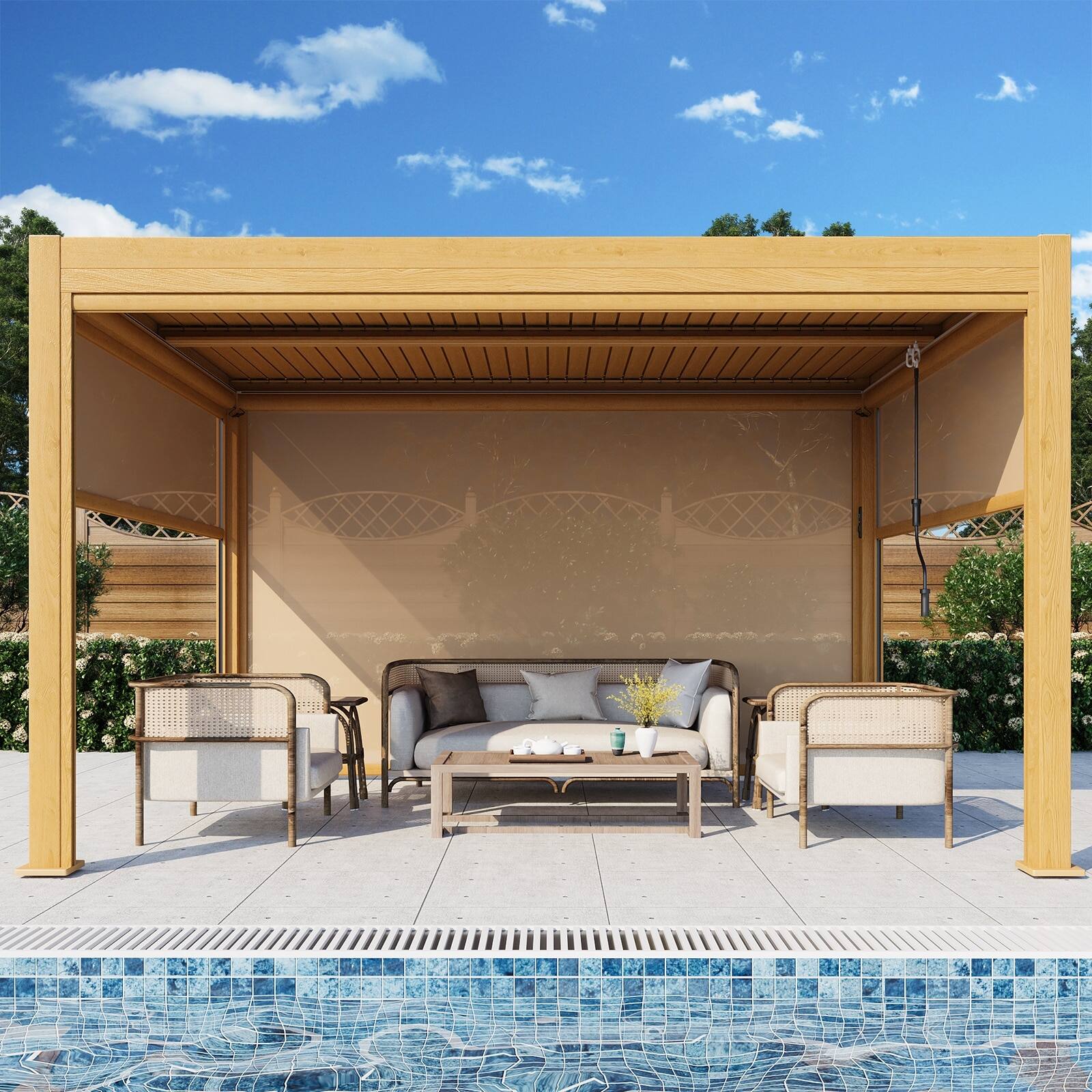 Left. U-HOMY - Outdoor Aluminum Louvered Pergola Gazebo with Adjustable Rainproof Roof and Wood Grain Finish - 10'x13'.