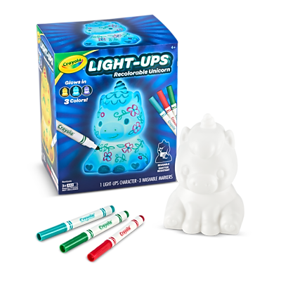 Crayola LIGHT-UPS Recolorable Unicorn Glows in 3 Colors!  
Crayola 3 Writable Markers  
1 LIGHT-UPS CHARACTER - 3 Writable Markers