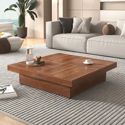 Front. Lirago - 39" Square Veneer Coffee Table with Sliding Top Design Sliding Top with Storage Hidden Storage Drawer and Ample Storage - Brown.