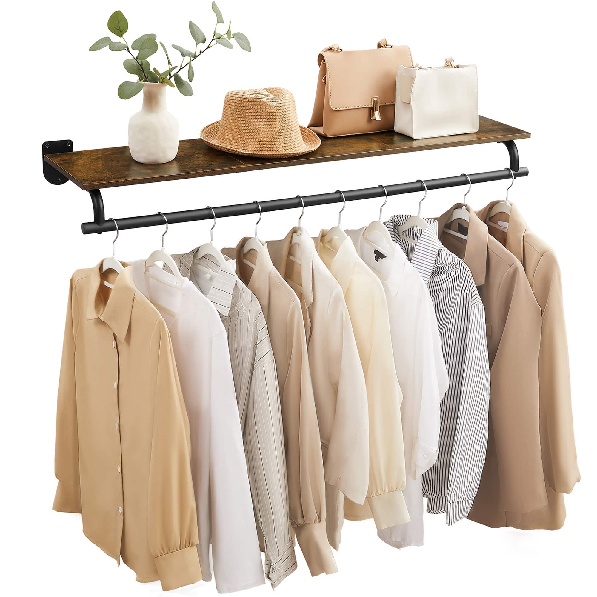 Songmics Home - Clothes Rack with Top Shelf, Wall Mounted Clothing Rack, with Hanging Rod, Loads up to 132 lb, 11 x 42.9 x 5.2 Inches - Rustic Brown and Ink Black