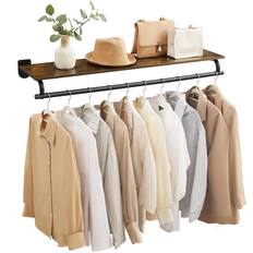 Front. Songmics Home - Clothes Rack with Top Shelf, Wall Mounted Clothing Rack, with Hanging Rod, Loads up to 132 lb, 11 x 42.9 x 5.2 Inches - Rustic Brown and Ink Black.