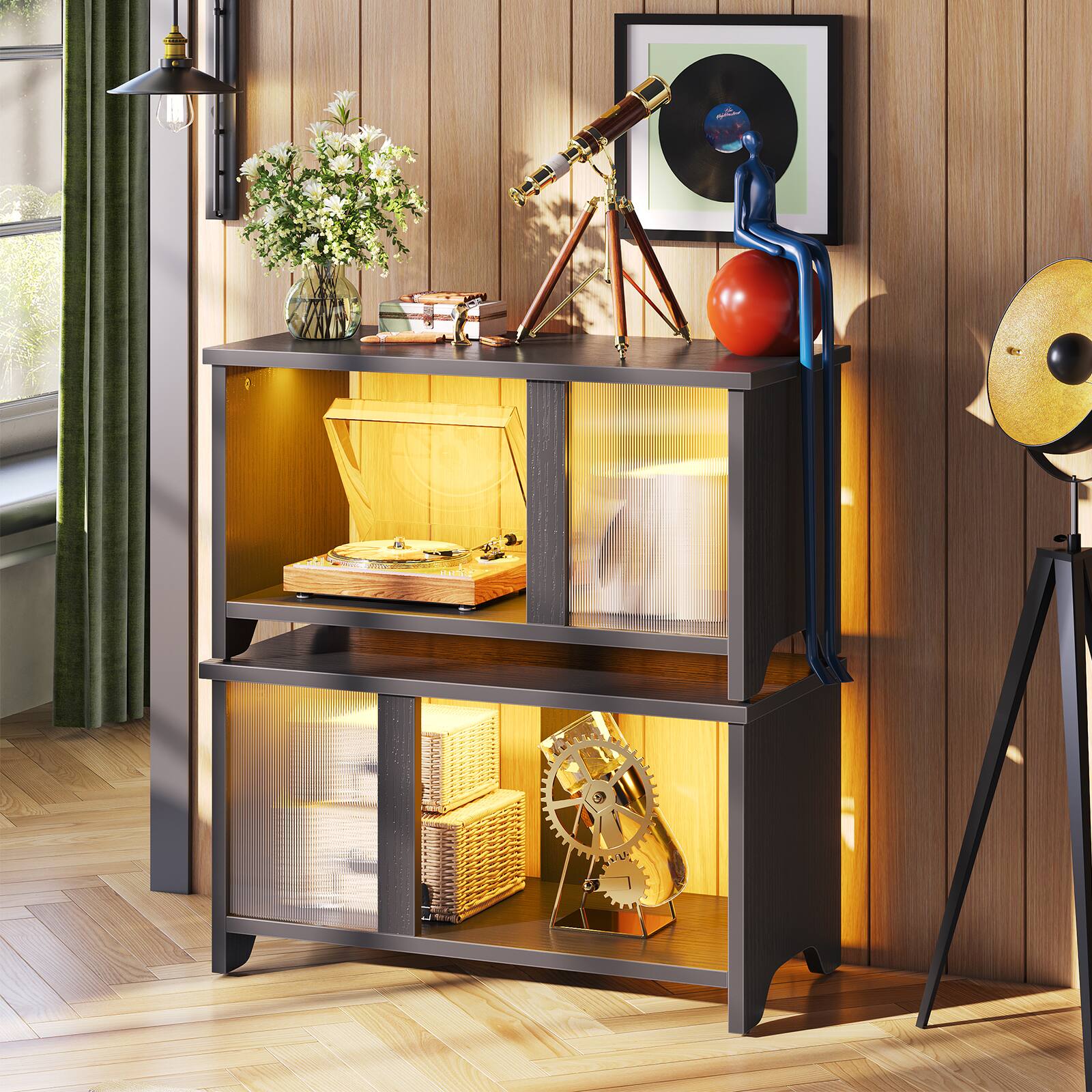 Left. Pinmoco - Pinmoco - 55" 3-in-1 LED TV Stand with Translucent Fluted Doors - Black - Black.