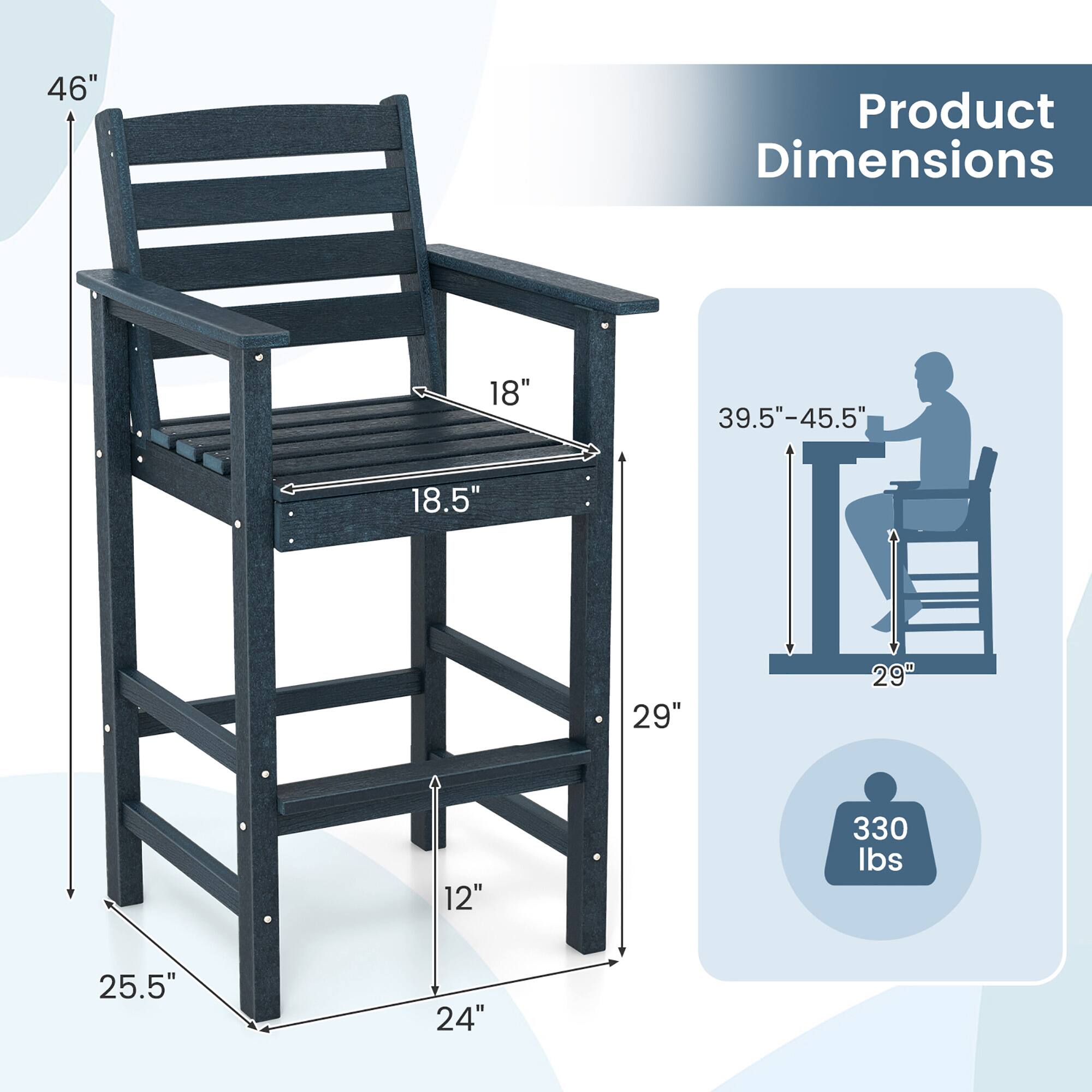 The corrected and grouped text from the image is:

- **Product Dimensions:**
  - Height: 46"
  - Width: 18"
  - Depth: 18.5"
  - Seat Height: 29"
  - Seat Depth: 29"
  - Armrest Height: 39.5"-45.5"
  - Base Width: 25.5"
  - Base Depth: 24"
  - Weight Capacity: 330 lbs