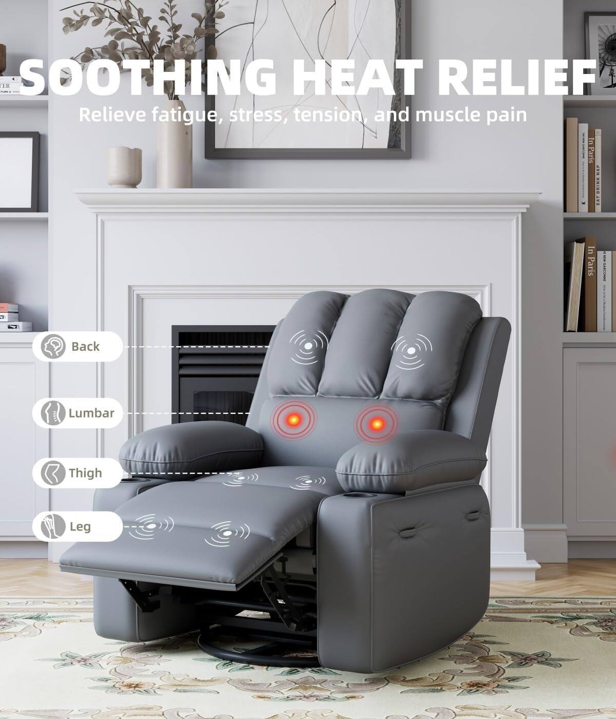 SOOTHING HEAT RELIEF  
Relieve fatigue, stress, tension, and muscle pain  

- Back  
- Lumbar  
- Thigh  
- Leg