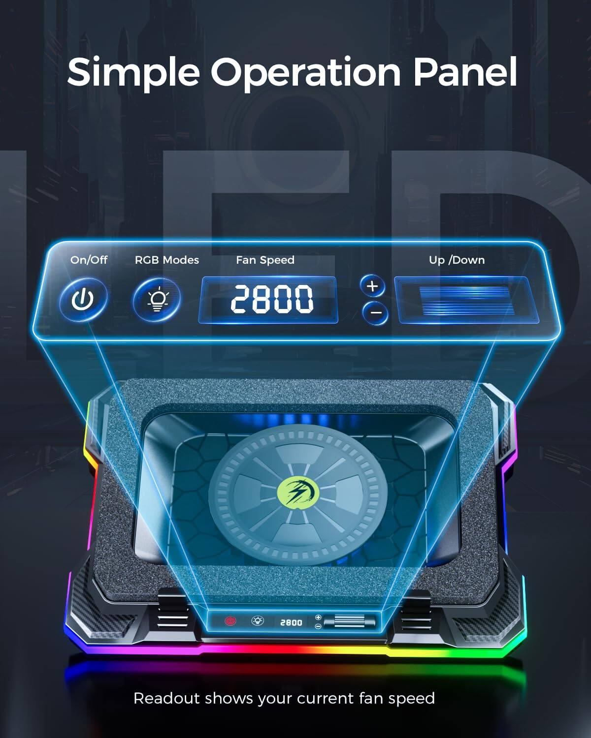 Simple Operation Panel

On/Off RGB Modes Fan Speed 2800 + Up /Down 2800

Readout shows your current fan speed