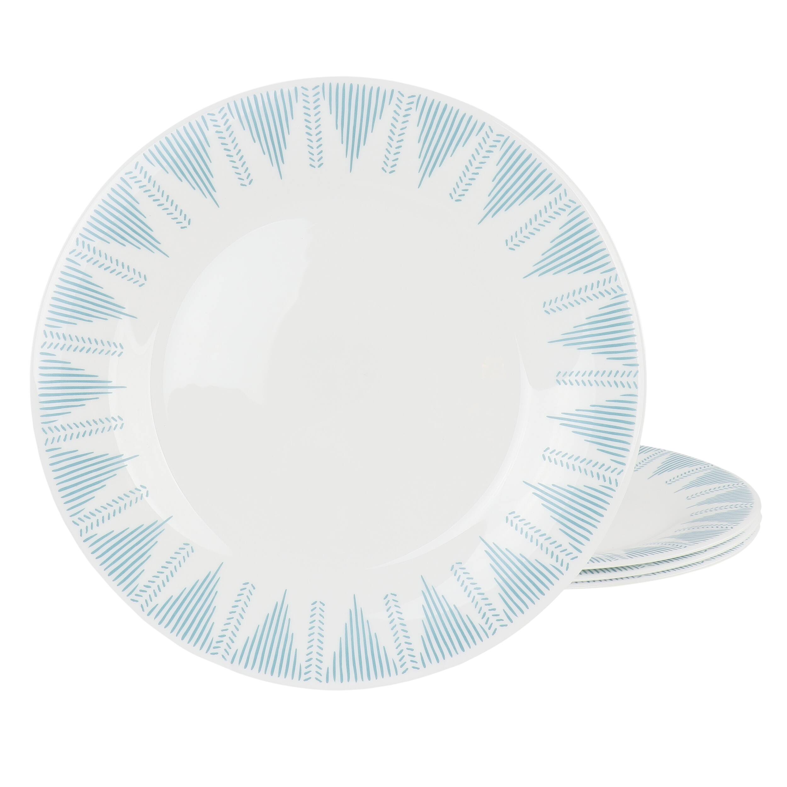 Front. Gibson - Ultra by Gibson Piper Point 4 Piece 10 Inch Round Tempered Opal Glass Dinner Plate Set in Blue - White.