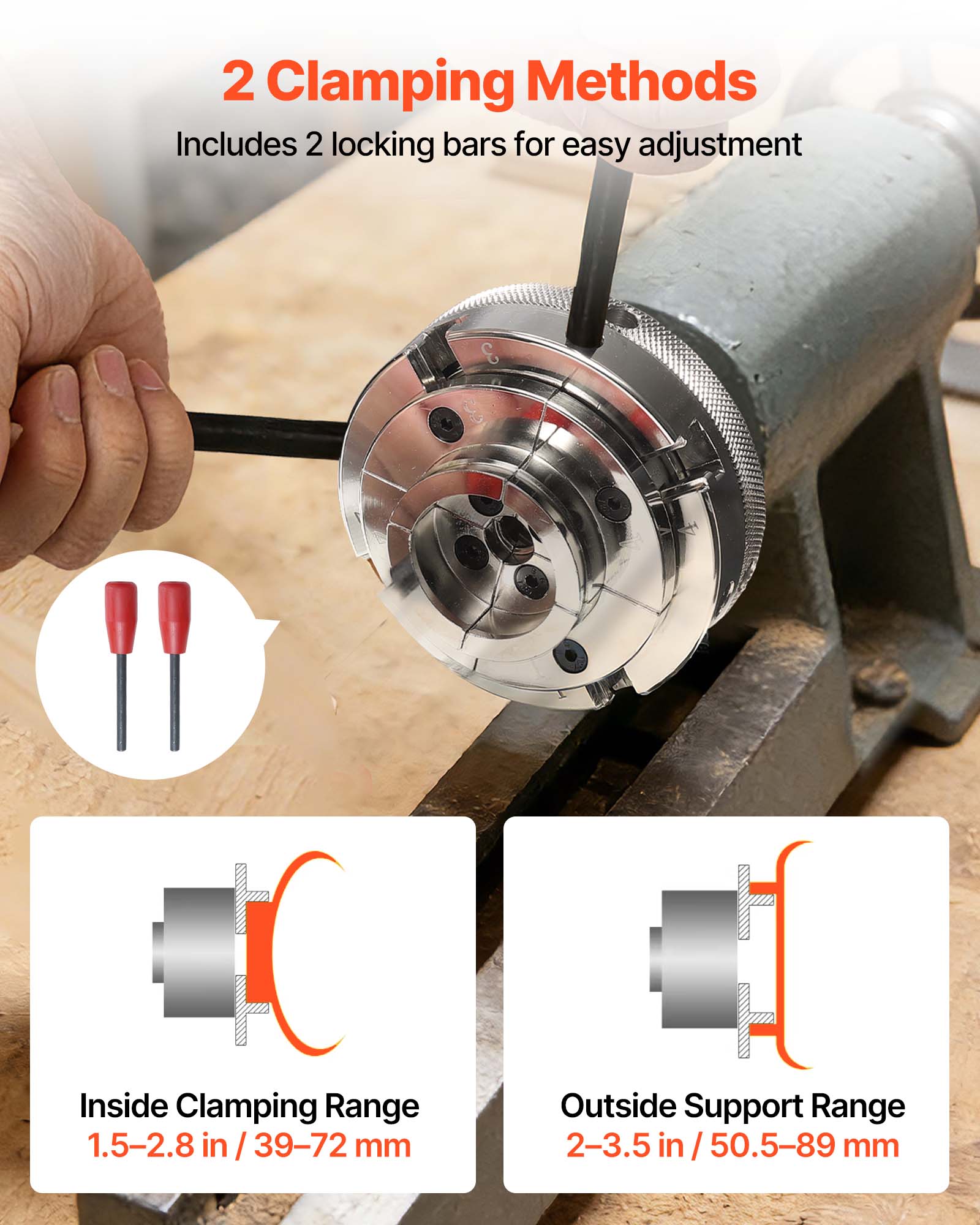 2 Clamping Methods  
Includes 2 locking bars for easy adjustment  

Inside Clamping Range  
1.5-2.8 in / 39-72 mm  

Outside Support Range  
2-3.5 in / 50.5-89 mm