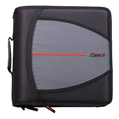 Front. Case It - Mighty Zip Tab 3" 3-Ring Zipper Binders - Black.