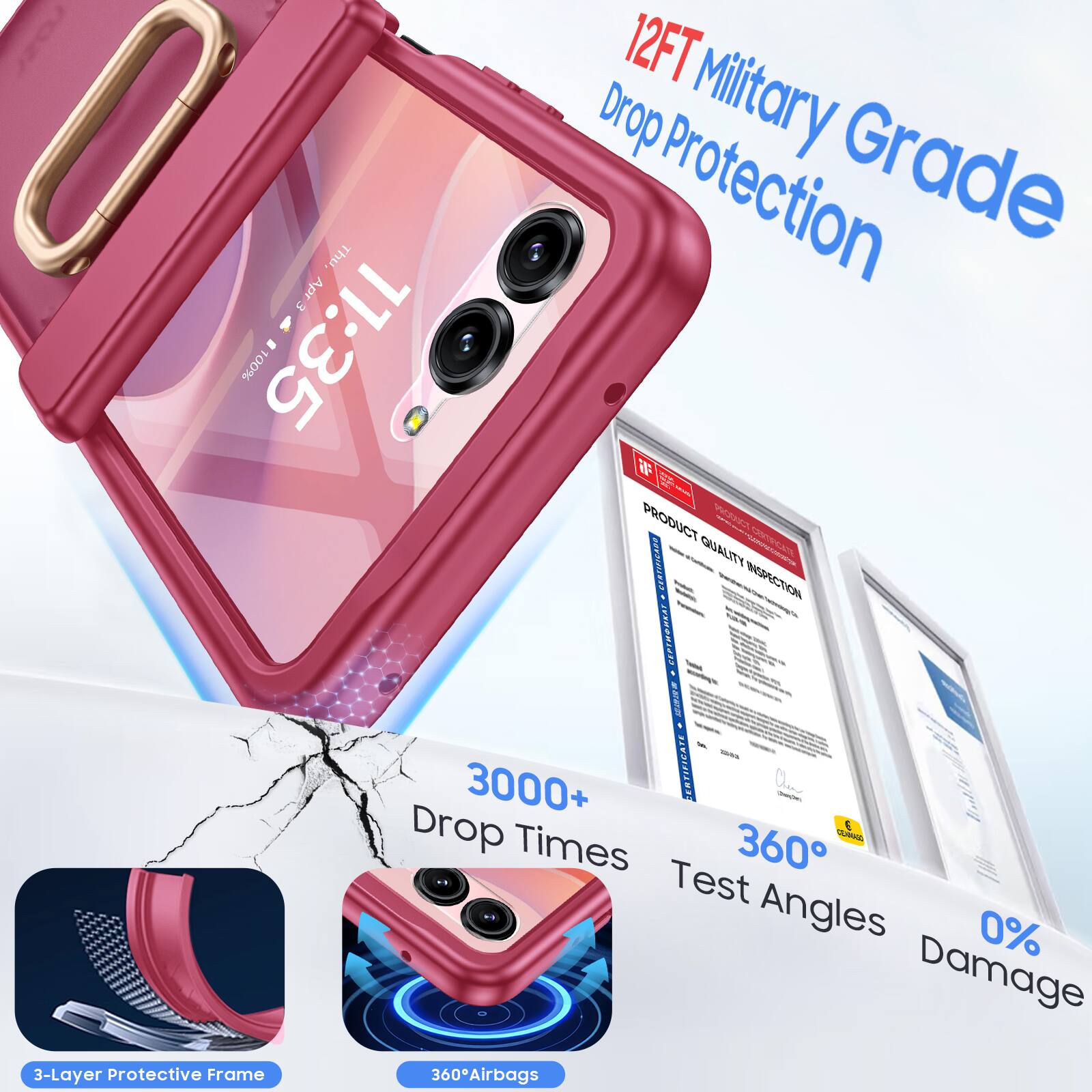 12FT Military Grade Drop Protection

100% PRODUCT QUALITY INSPECTION

CERTIFICATE

3000+ Drop Times

360° Test Angles

0% Damage

3-Layer Protective Frame

360° Airbags