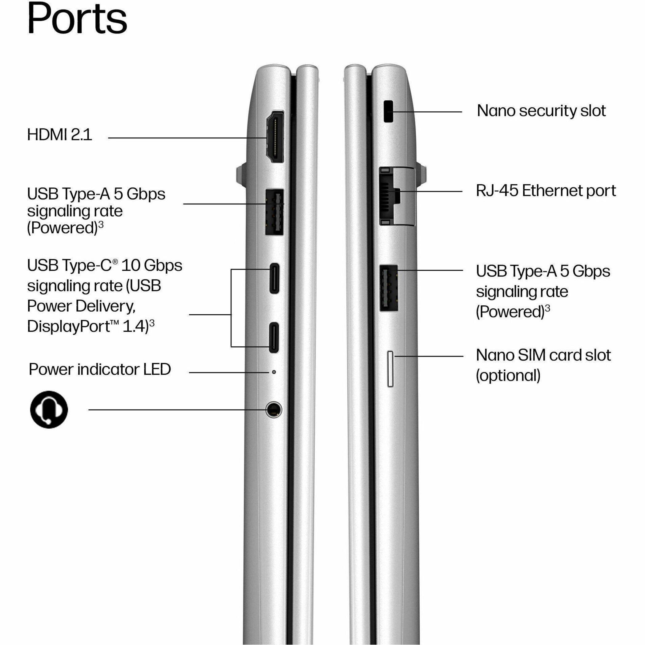 Ports
- HDMI 2.1
- Nano security slot
- USB Type-A 5 Gbps signaling rate (Powered)
- RJ-45 Ethernet port
- USB Type-C 10 Gbps signaling rate (USB Power Delivery, DisplayPort 1.4)
- Power indicator LED
- Nano SIM card slot (optional)