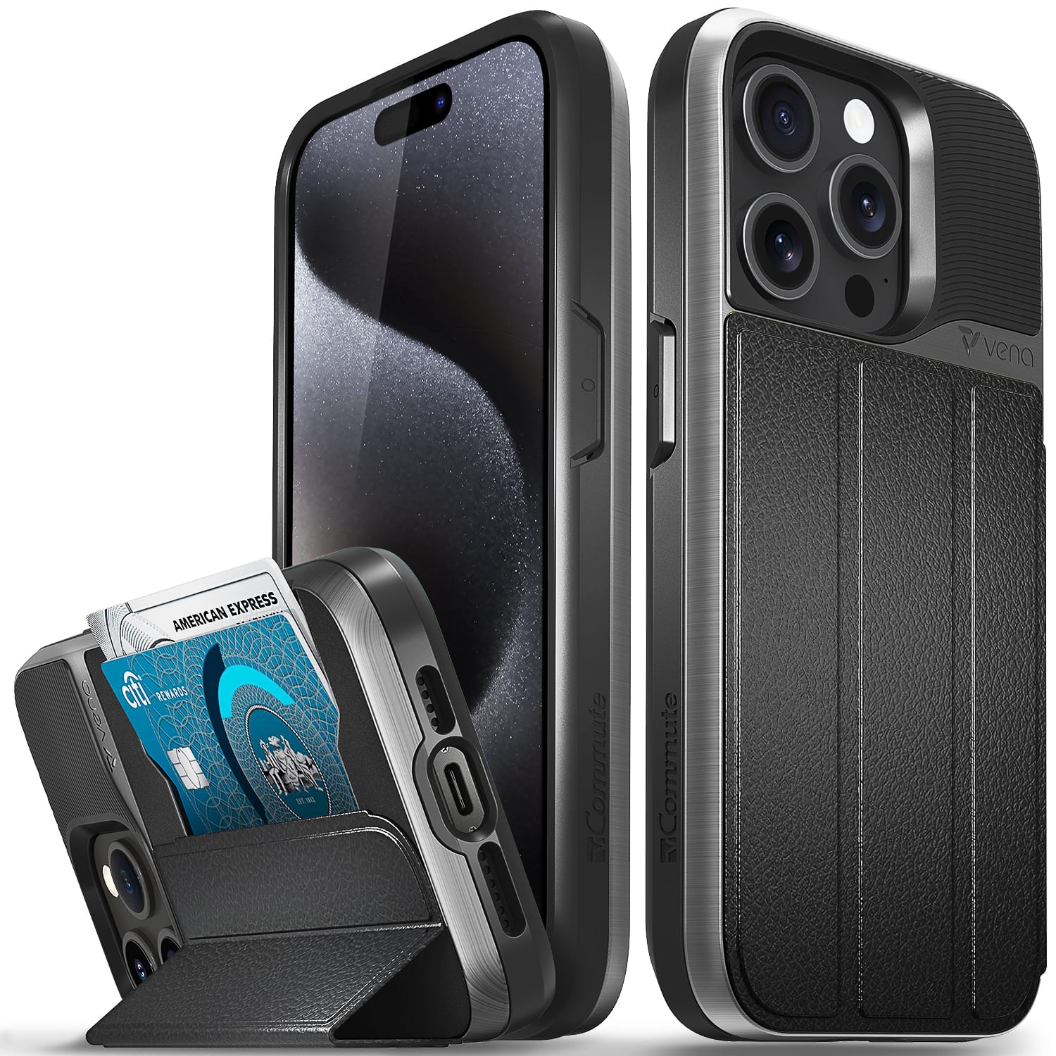 Vena - vCommute Wallet Case for Apple iPhone 15 Pro - Flip Leather Cover Card Slot Holder with Kickstand - Black - Multicolored