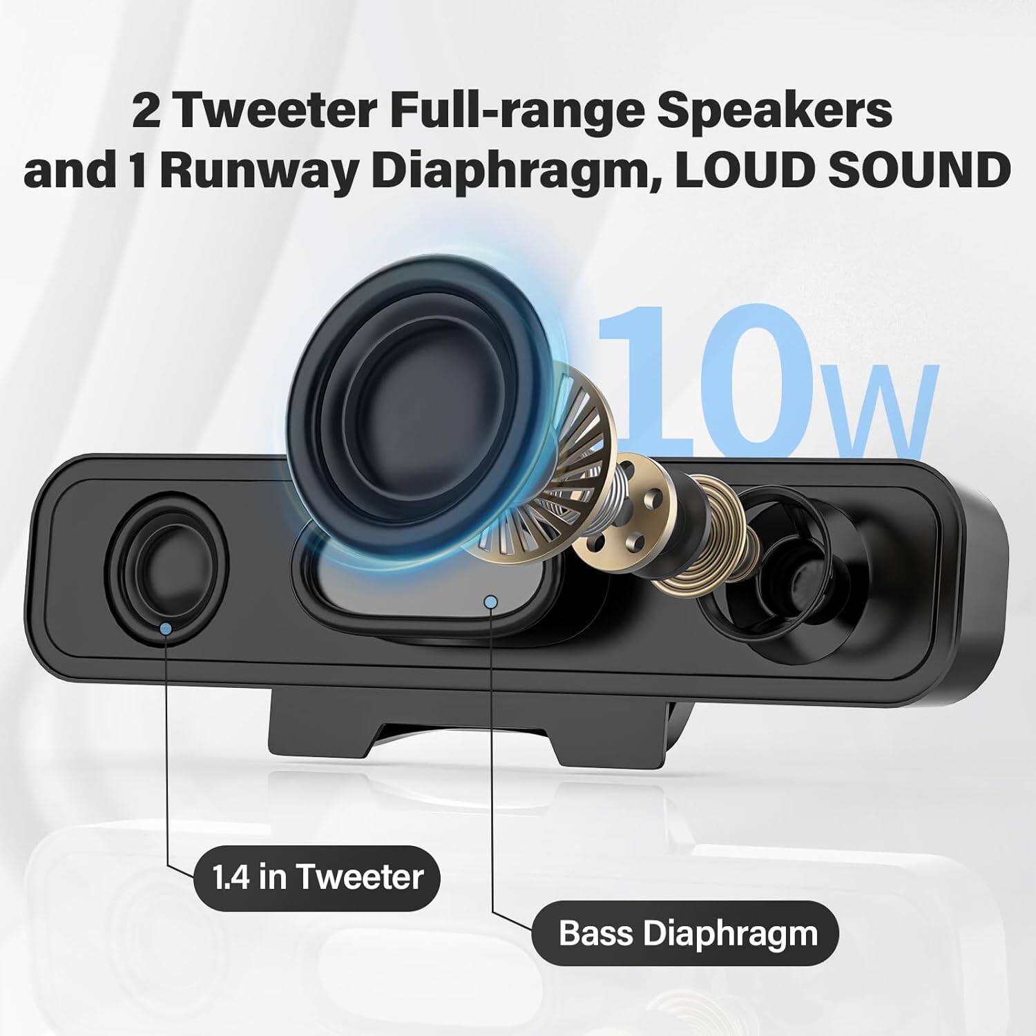 2 Tweeter Full-range Speakers and 1 Runway Diaphragm, LOUD SOUND  
10w  
1.4 in Tweeter  
Bass Diaphragm