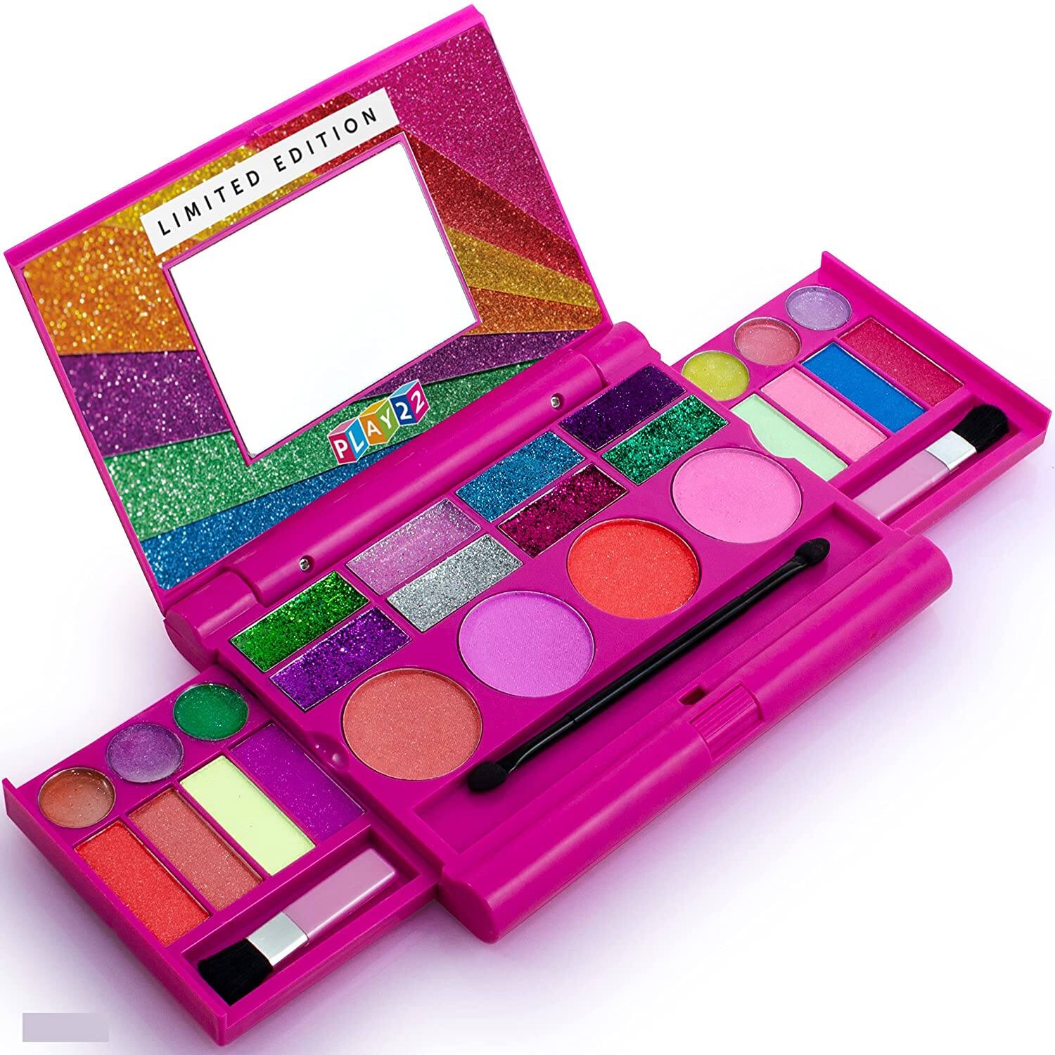 Play22 - Real Washable Kids Makeup Palette Princess Set with Blushes, Eyeshadows, Lip Glosses, Glitter, Mirror & Brushes