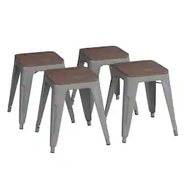 Flash Furniture - Kai 18" Backless Table Height Stool with Wooden Seat, Stackable Silver Metal Indoor Dining Stool, Commercial Grade - Set - Gray