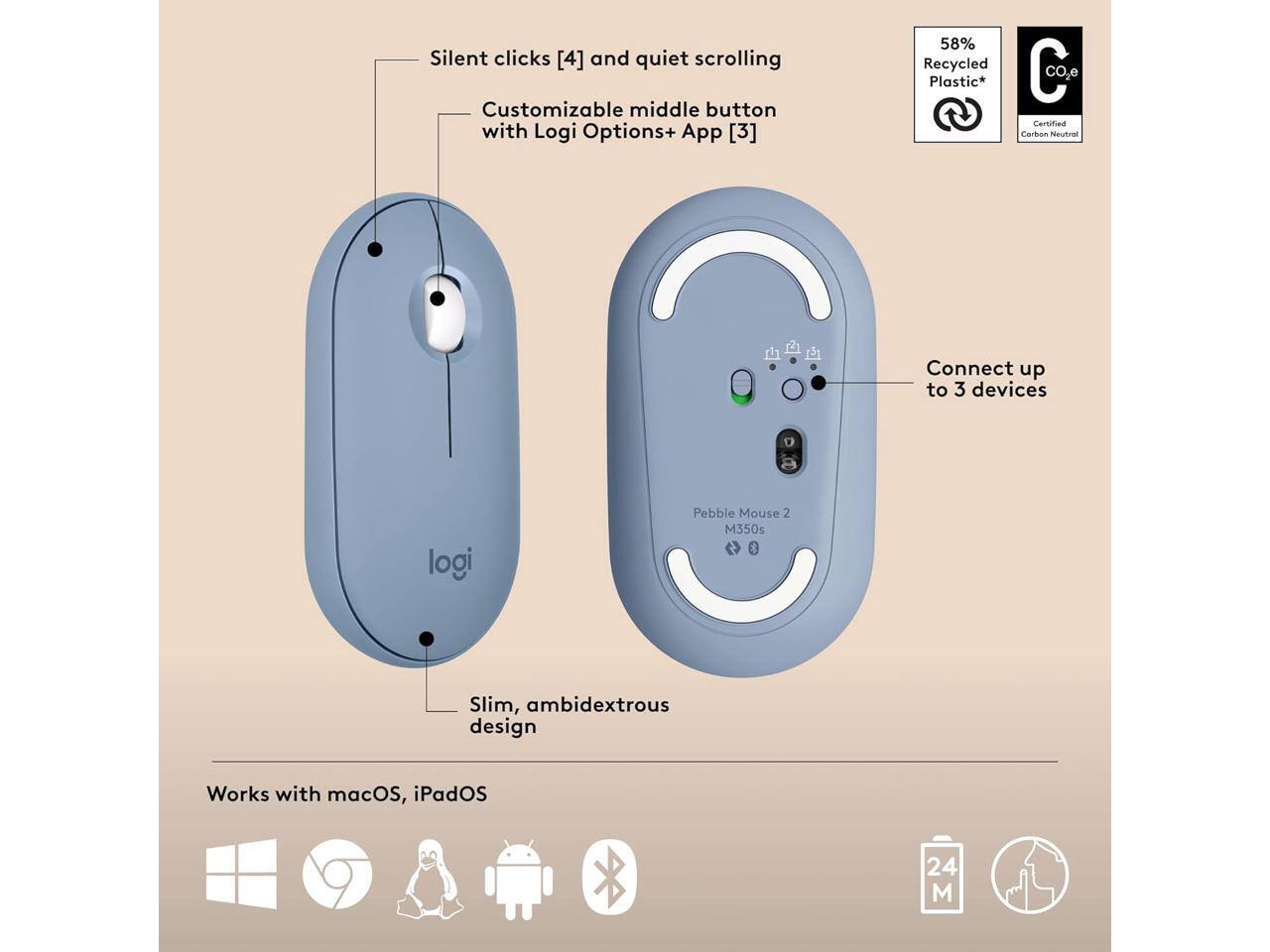 Silent clicks [4] and quiet scrolling  
Customizable middle button with Logi Options+ App [3]  
58% Recycled Plastic*  
CO2e Certified Carbon Neutral  

Connect up to 3 devices  

logi Pebble Mouse 2 M350s  

Slim, ambidextrous design  

Works with macOS, iPadOS  

24 M