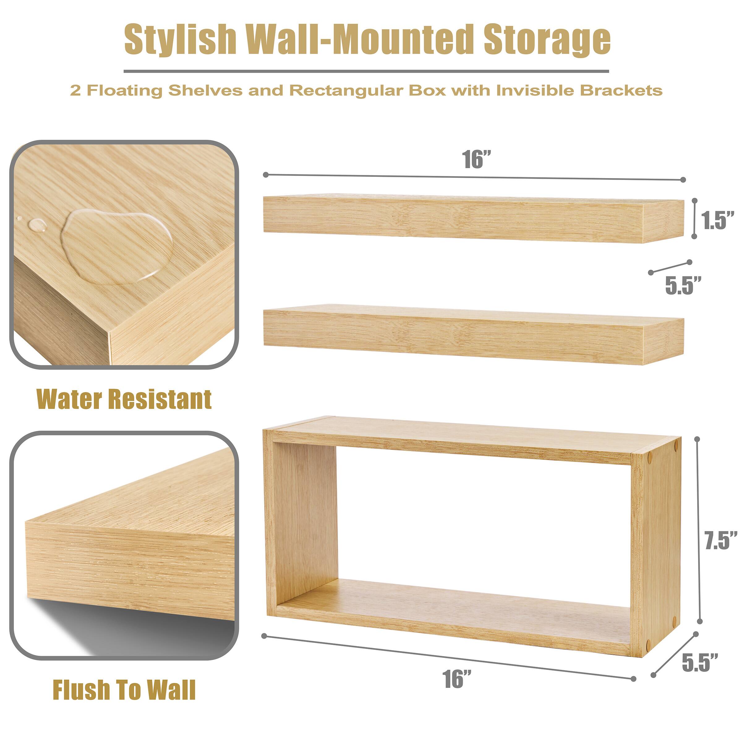 Stylish Wall-Mounted Storage, 2 Floating Shelves and Rectangular Box with Invisible Brackets, Water Resistant, Flush To Wall