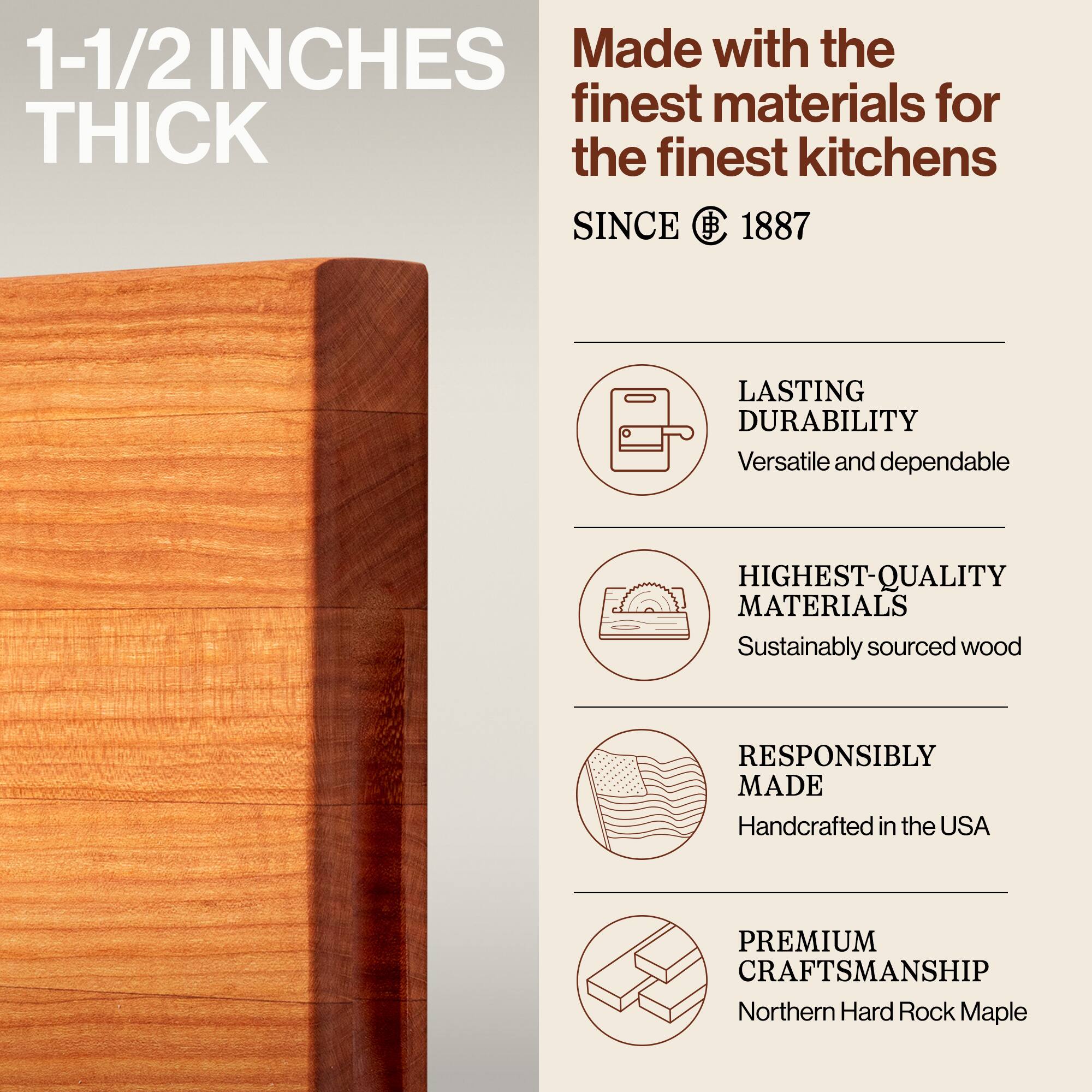 1-1/2 INCHES THICK

Made with the finest materials for the finest kitchens SINCE 1887

LASTING DURABILITY
Versatile and dependable

HIGHEST-QUALITY MATERIALS
Sustainably sourced wood

RESPONSIBLY MADE
Handcrafted in the USA

PREMIUM CRAFTSMANSHIP
Northern Hard Rock Maple