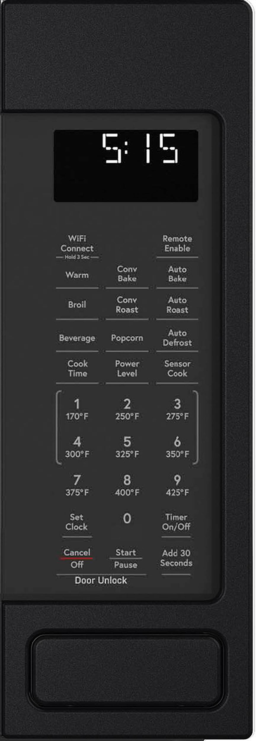 The text on the image is grouped and corrected as follows:

5:15 WIFi Connect Hold 3 Sec Remote Enable Warm Conv Bake Auto Bake Broil Conv Roast Auto Roast Beverage Popcorn Auto Defrost Cook Time Power Level Sensor Cook 1 170F 2 250F 3 275F 4 300F 5 325F 6 350F 7 375F 8 400F 9 425F Set Clock 0 Timer On/Off Cancel Start Off Pause Door Unlock Add 30 Seconds
